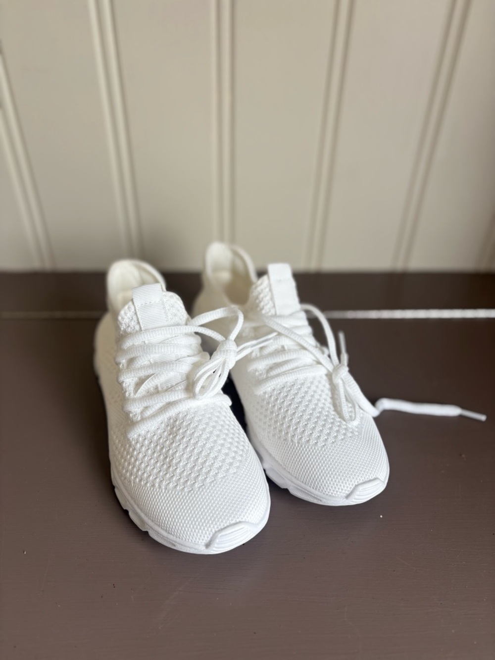 Women's White Knit Athletic Sneakers - Breathable Lace-Up Comfort